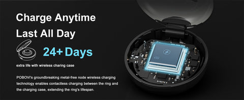 Charge AnytimeLast All Day
24+Days
extra life with wireless charing case
POBOVi's groundbreaking metal-free node wireless chargingtechnology enables contactless charging between the ring andthe charging case, extending the ring's lifespan.