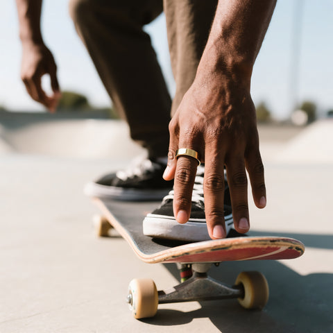 Close-up of a skater’s hand on a skateboard, wearing a gold POBOVi smart ring—durable tracking for active lifestyles.