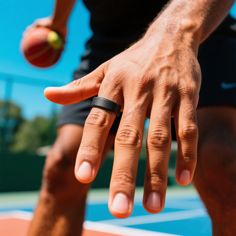 Close-up of a basketball player’s hand on court, wearing a black POBOVi smart ring—rugged, sweat-proof fitness tracking.